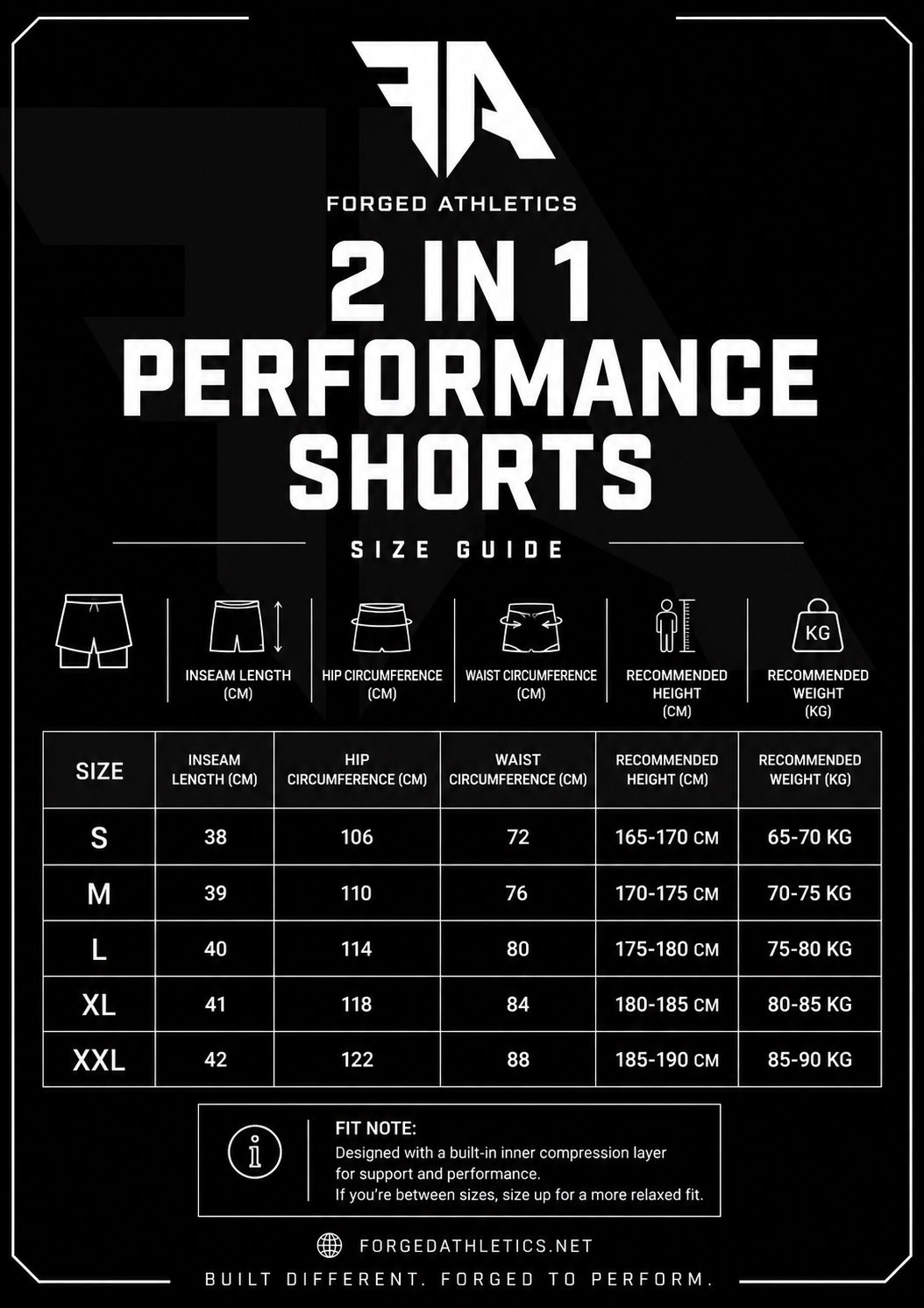 Size guide for Forged Athletics 2-in-1 Performance Shorts