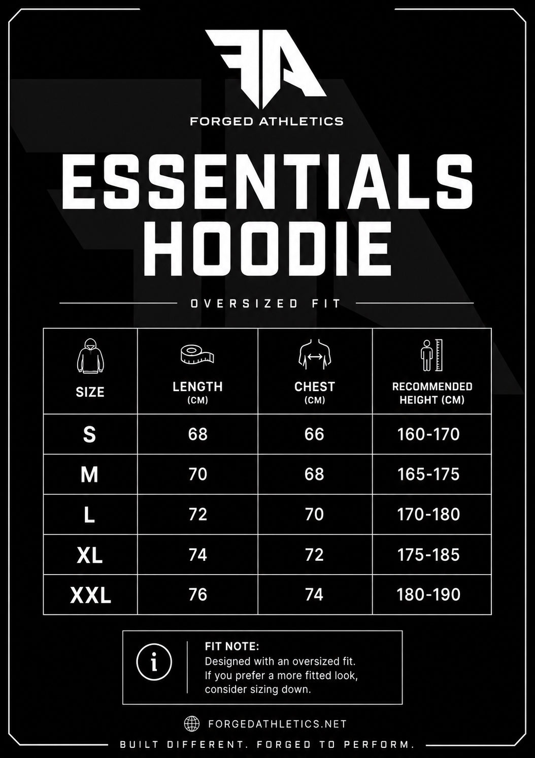 Size guide for Forged Essentials Hoodie - Charcoal
