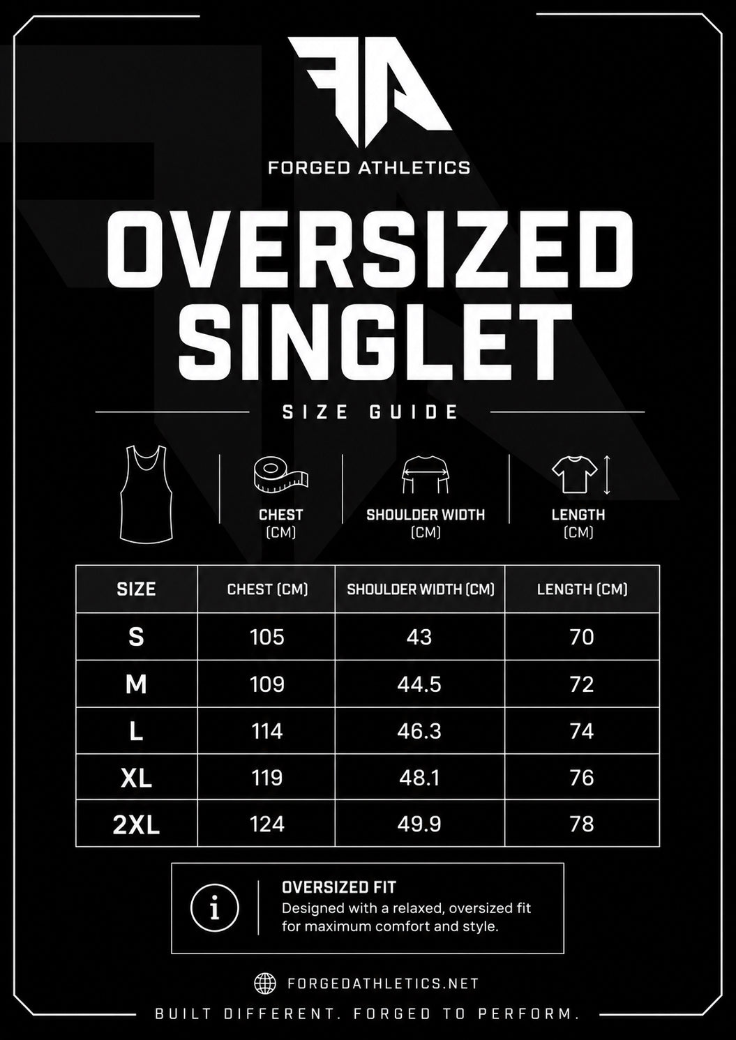 Size guide for Forged Athletics Men’s Performance Training Singlet